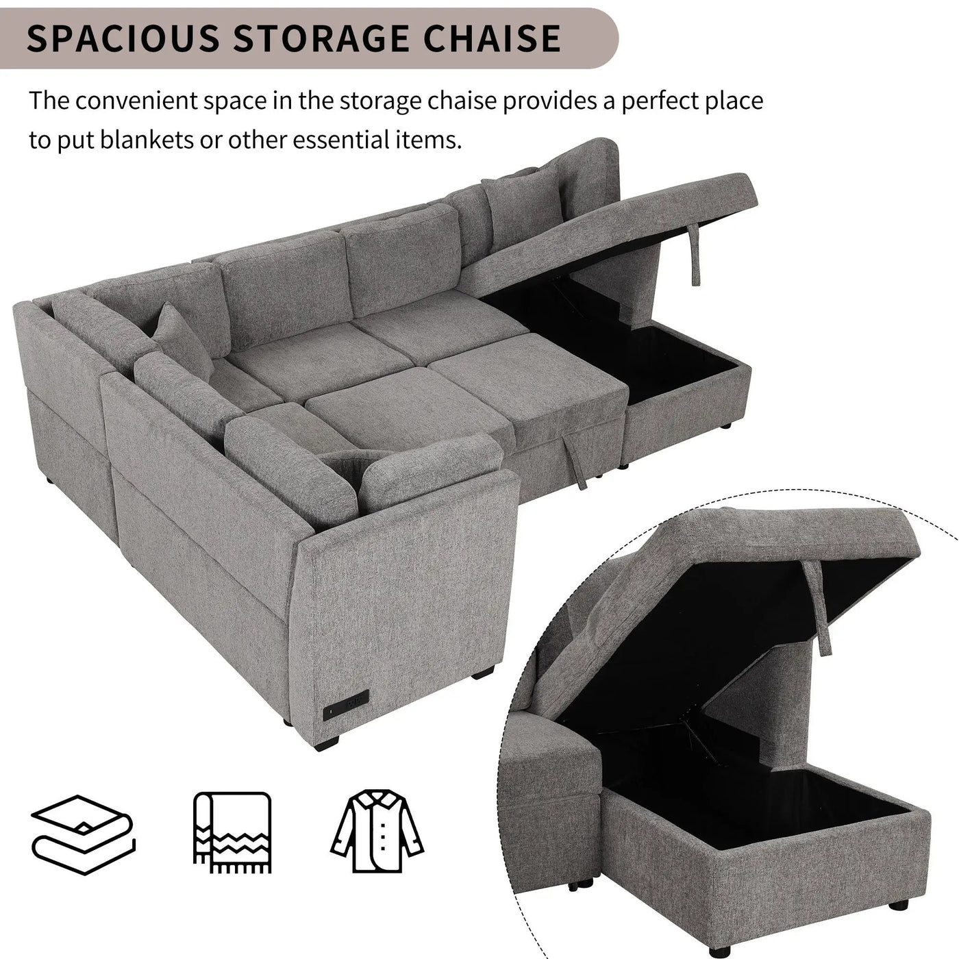 U-Shaped Sectional Sofa Pull Out Sofa Bed With Two USB Ports, Two Power Sockets, Three Back Pillows And A Storage Chaise For Living Room by Unique Piece Furniture