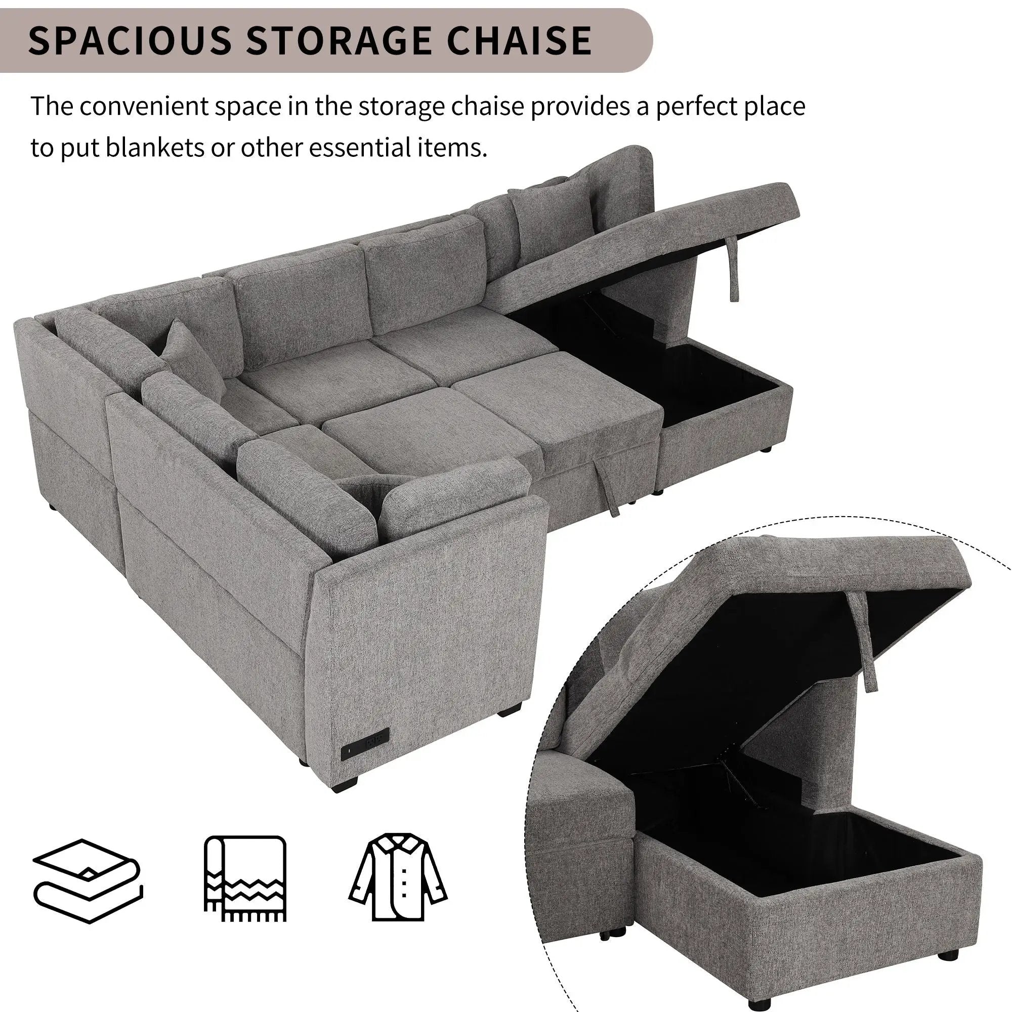 U-Shaped Sectional Sofa Pull Out Sofa Bed With Two USB Ports, Two Power Sockets, Three Back Pillows And A Storage Chaise For Living Room by HouseOfZazla