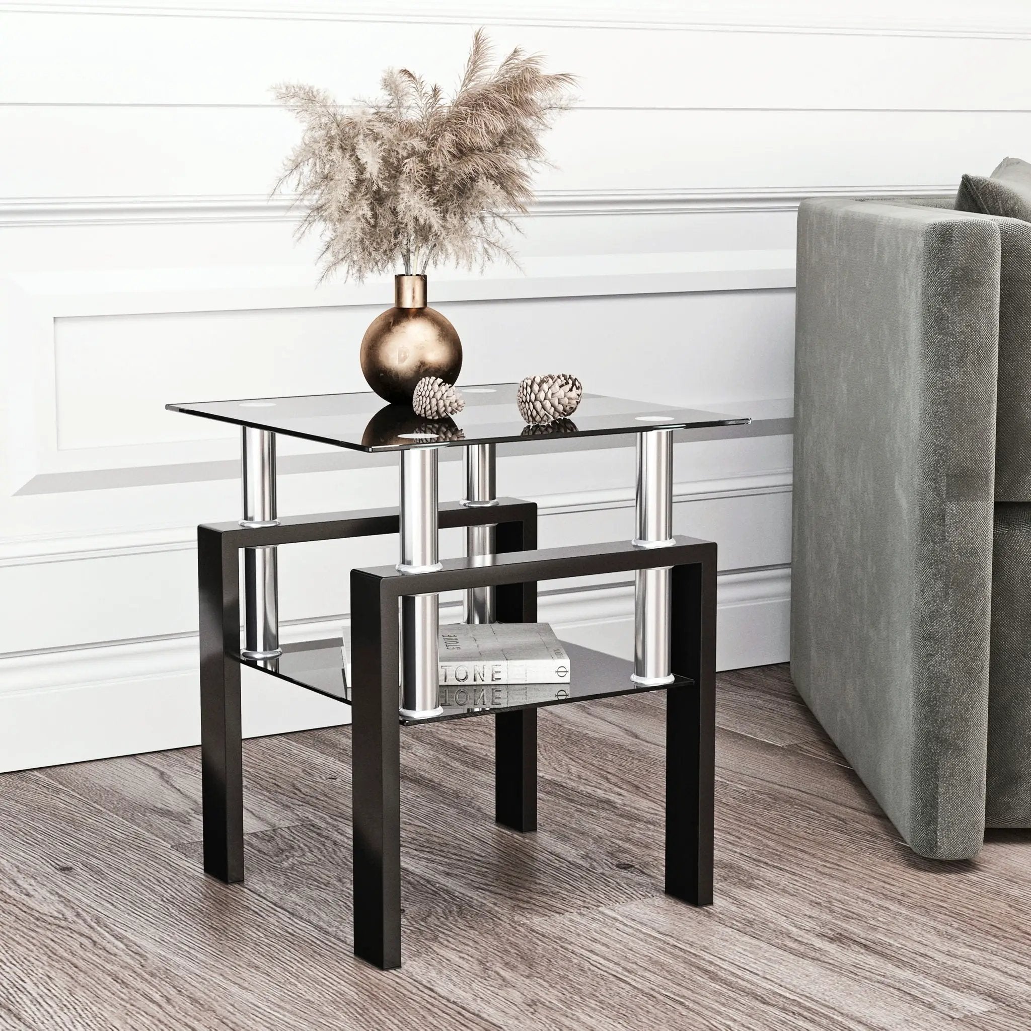 Modern Tempered Glass Tea Table, End Square Table For Living Room - Black by Unique Piece Furniture