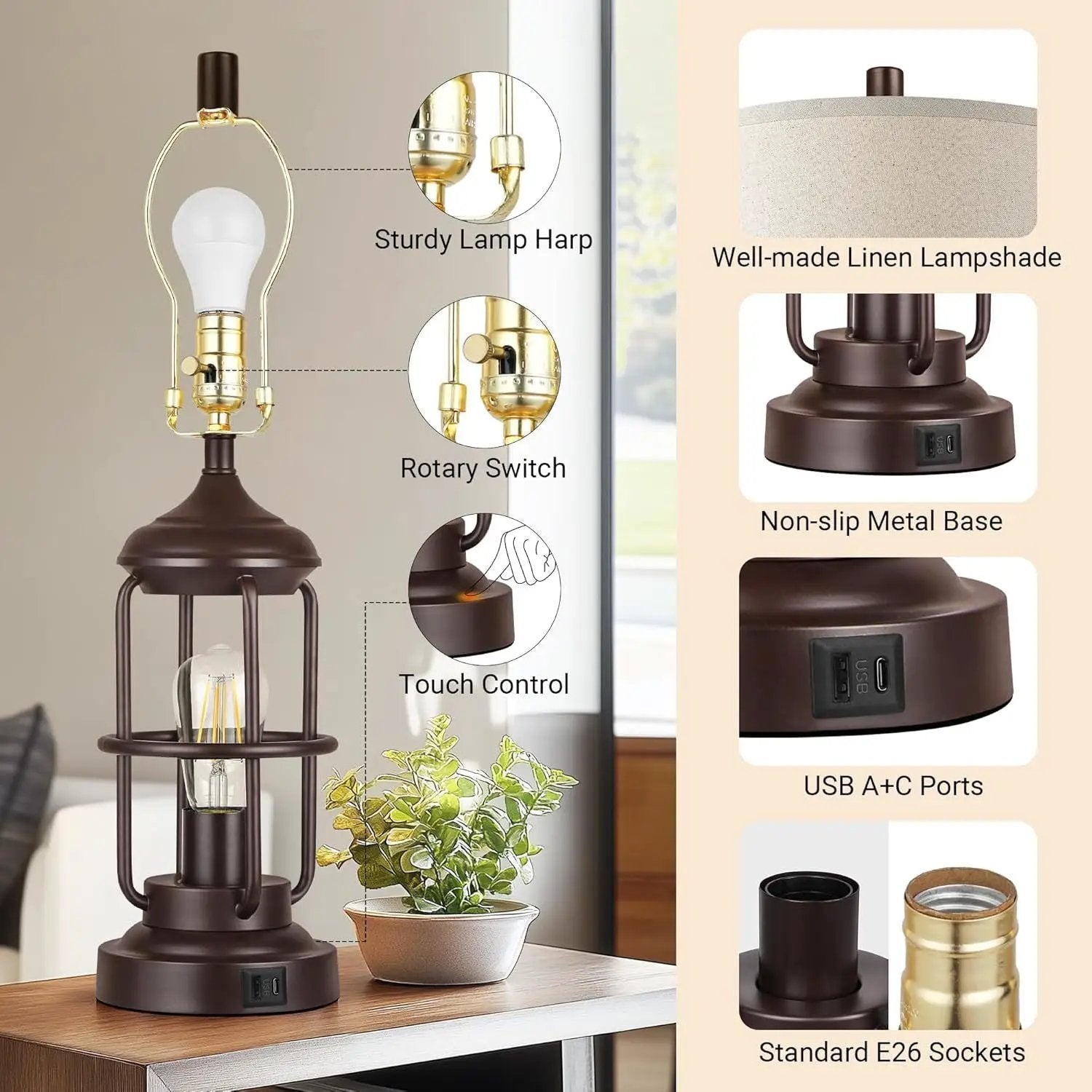 Table Lamp Set of 2 with USB Ports, Touch Control, and 3-Way Dimmable Light by HouseOfZazla