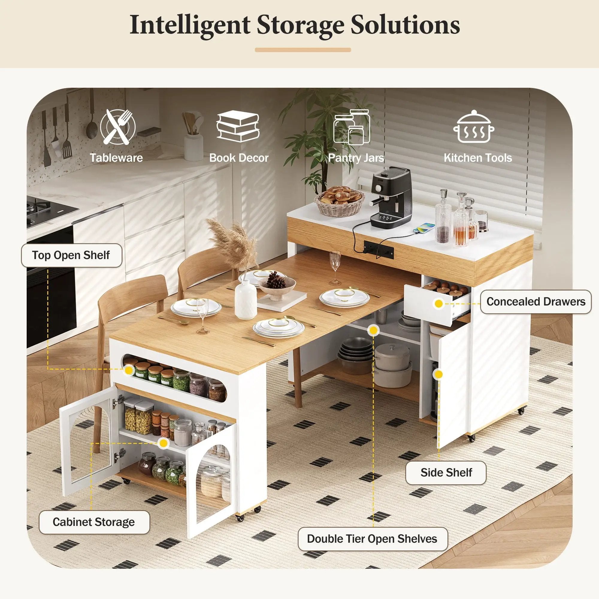 Extendable Dining Table With Folding Top, Rolling Kitchen Island With Drawers And Power Outlet