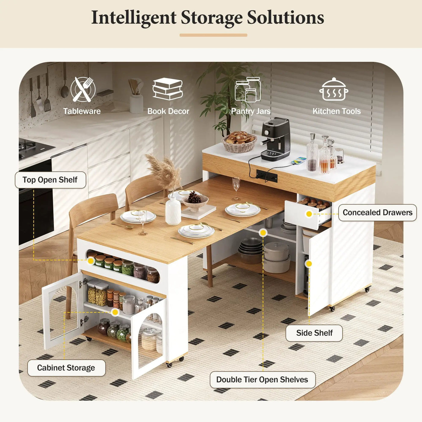 Extendable Dining Table With Folding Top, Rolling Kitchen Island With Drawers And Power Outlet by Unique Piece Furniture
