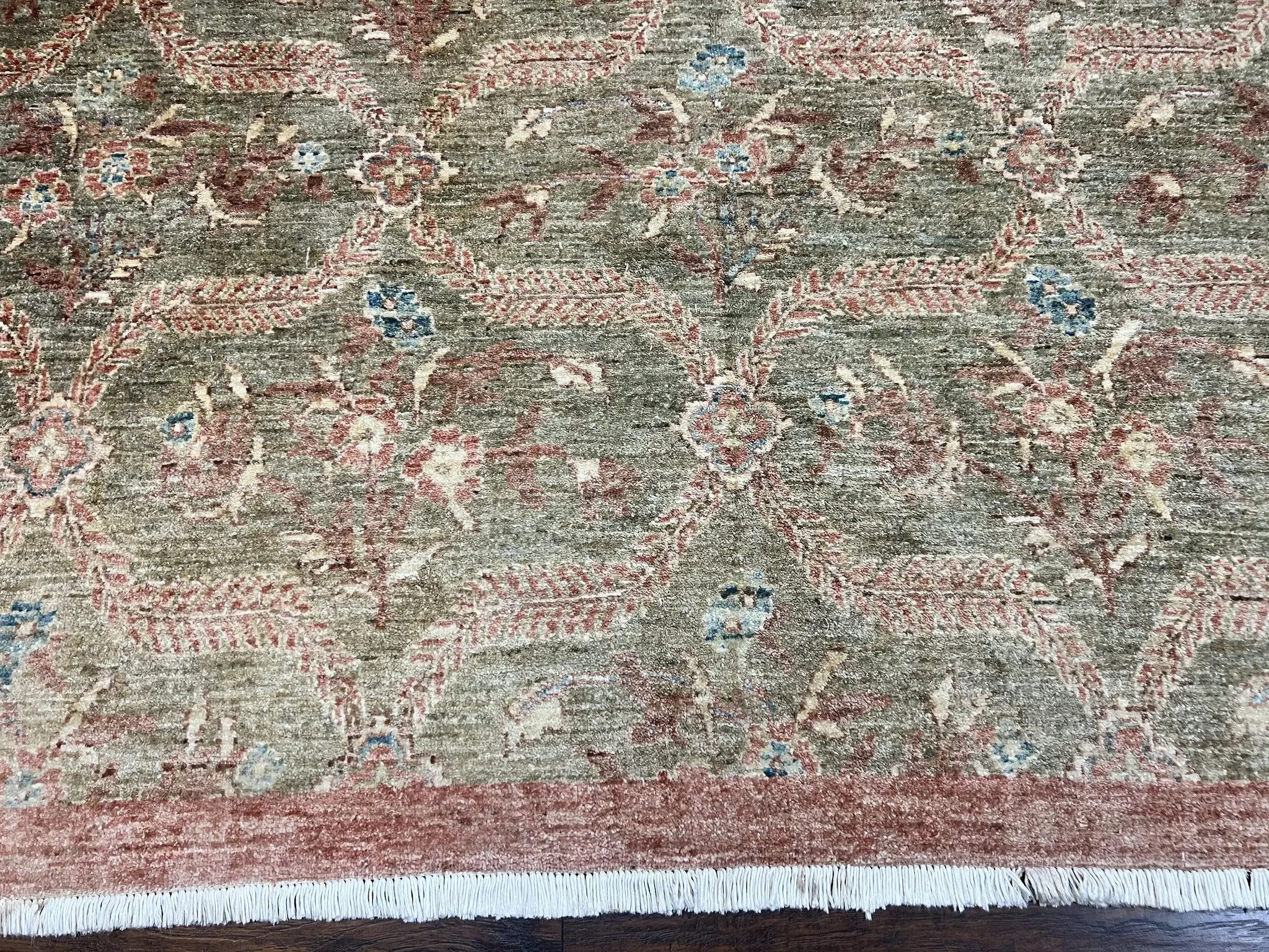 Large Modern Pakistani Rug 9x12, Handmade Wool Carpet, Peshawar Rug, Hand Knotted Oriental Rug, Contemporary, Floral, Light Green by Jewel Rugs