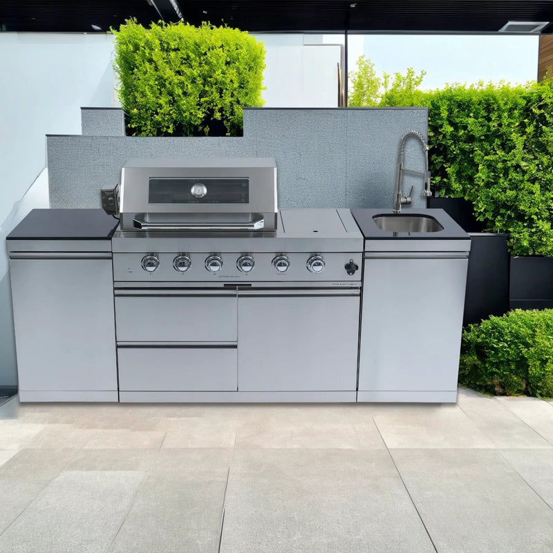 85" 4-Burner 72,000 BTU Silver Outdoor Kitchen Island Grill + Side Burner + Storage Cabinets & Drawers by Chery Industrial