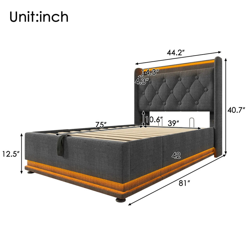 Upholstered Bed, 360 Surround LED Function, Remote Control, Hydraulic Storage Bed With USB, Type-C Charging (Without Mattress) by HouseOfZazla