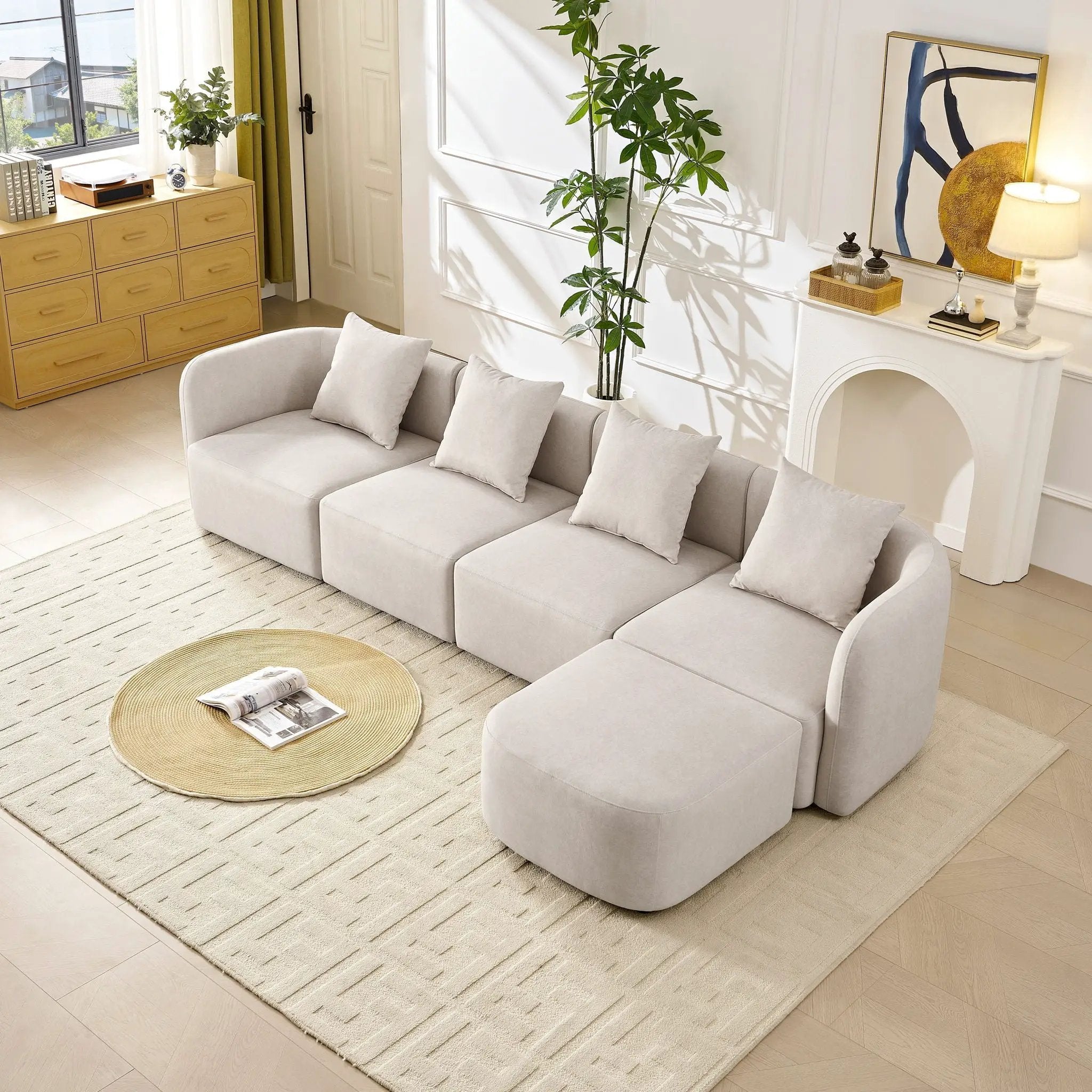 L-Shaped Modular Sectional Sofa With Ottoman, Living Room Furniture Set - Beige by HouseOfZazla