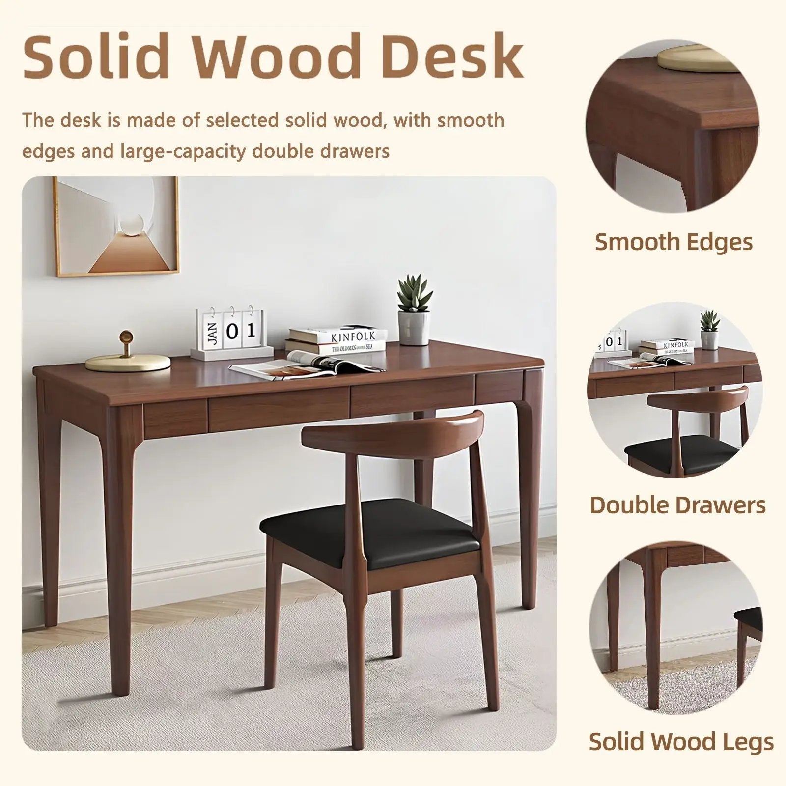 Desk With Drawers, Smooth Edge Design - Walnut by Unique Piece Furniture