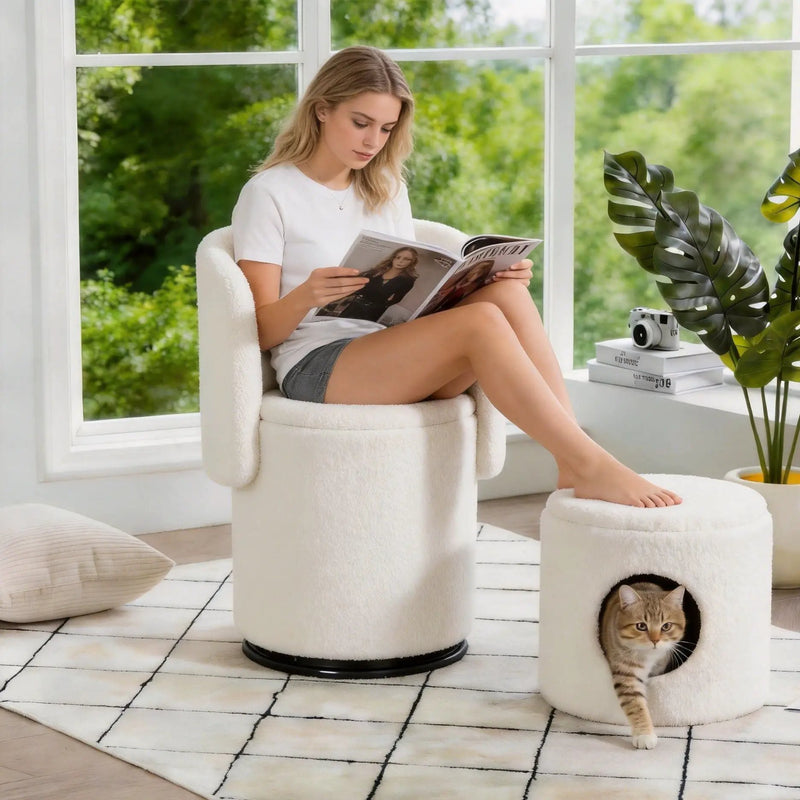 Barrel Chair & Built In Storage, 360° Swivel - Beige by HouseOfZazla