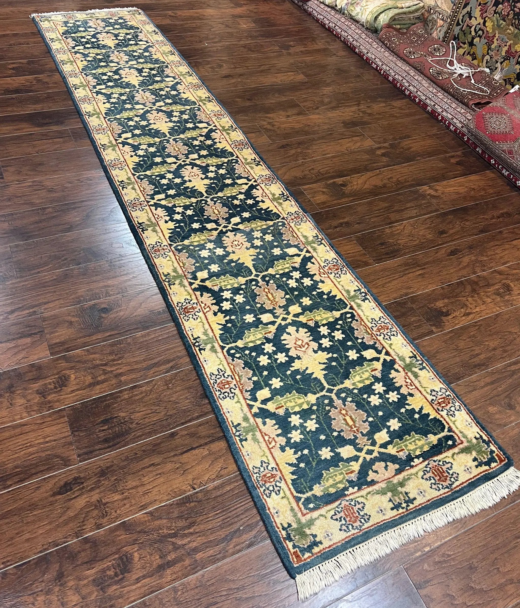 Indian Runner Rug 2.6 x 12, Navy Blue Beige Oriental Runner Rug 12ft Long, Narrow Hallway Runner, Wool Hand Knotted Indo Persian Mahal Rug by Jewel Rugs