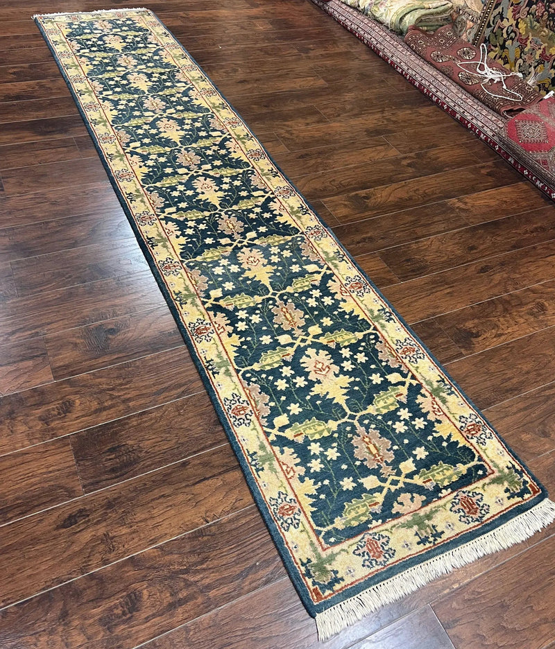 Indian Runner Rug 2.6 x 12, Navy Blue Beige Oriental Runner Rug 12ft Long, Narrow Hallway Runner, Wool Hand Knotted Indo Persian Mahal Rug by Jewel Rugs