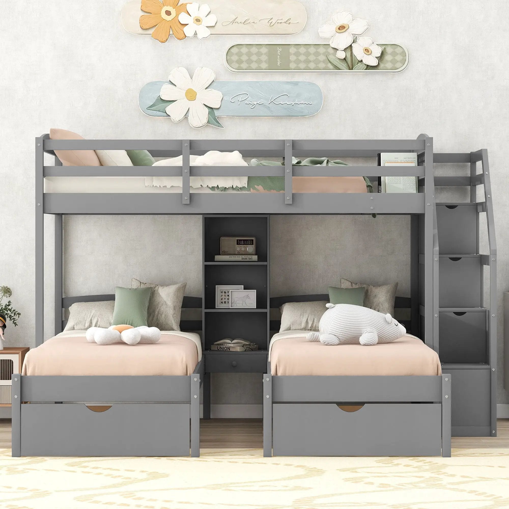 Twin Over Twin & Twin Bunk Bed With Drawers, Staircase Storage, Built In Shelves - Gray by Unique Piece Furniture
