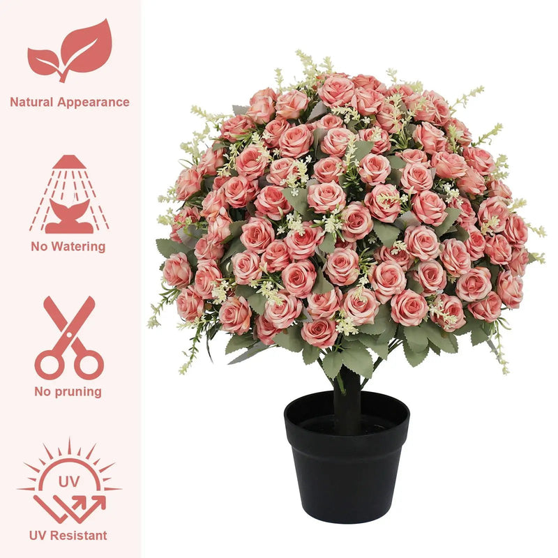 Artificial Rose Decoration With UV Resistant Silk Petals, Durable Stems In Cement Pot, Indoor Outdoor Potted Floral Arrangement - Green / Pink by Unique Piece Furniture