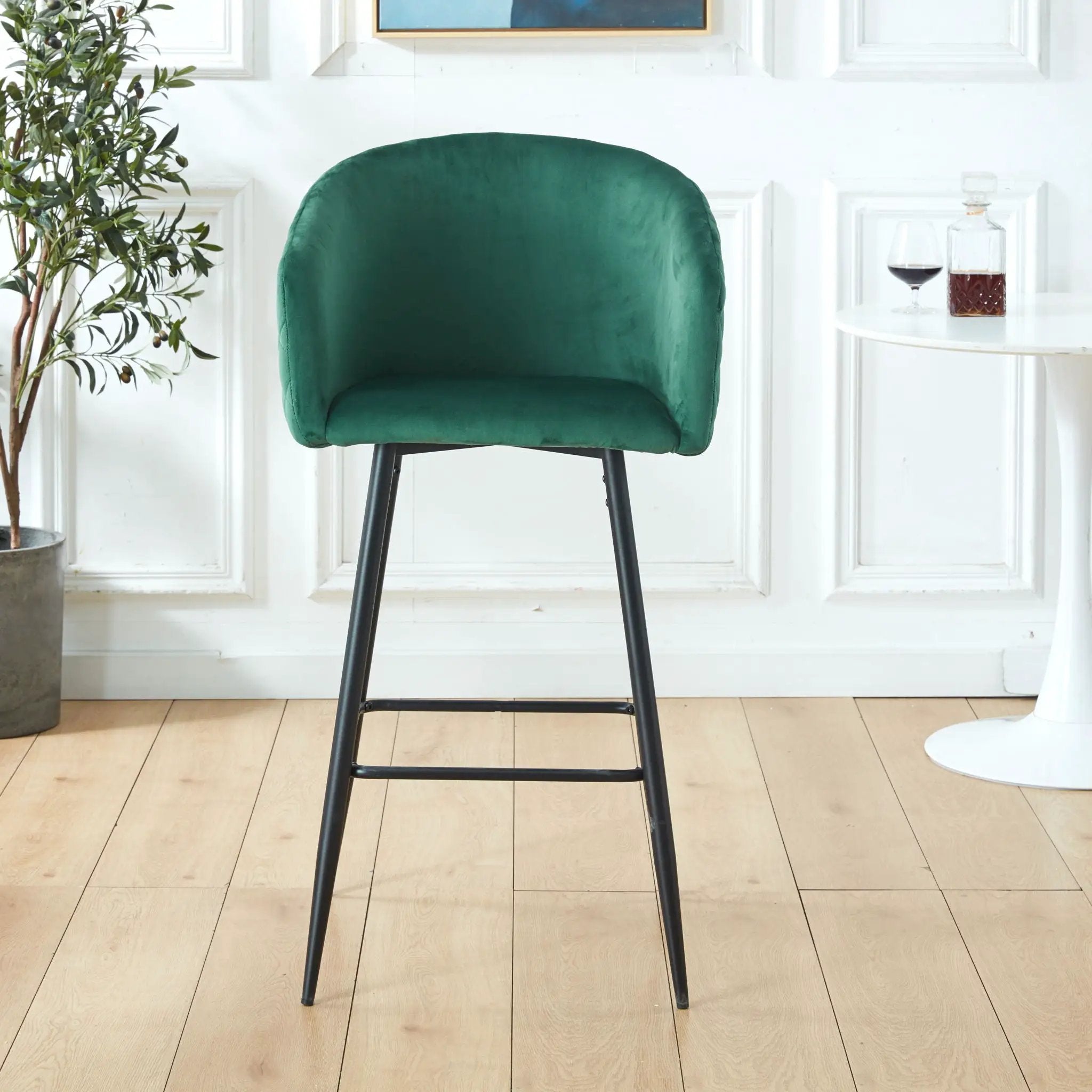 Counter Height Bar Stool, Metal Legs, Velvet Upholstered For Pub, Restaurant, Kitchen Island (Set of 2) - Black / Green by Unique Piece Furniture