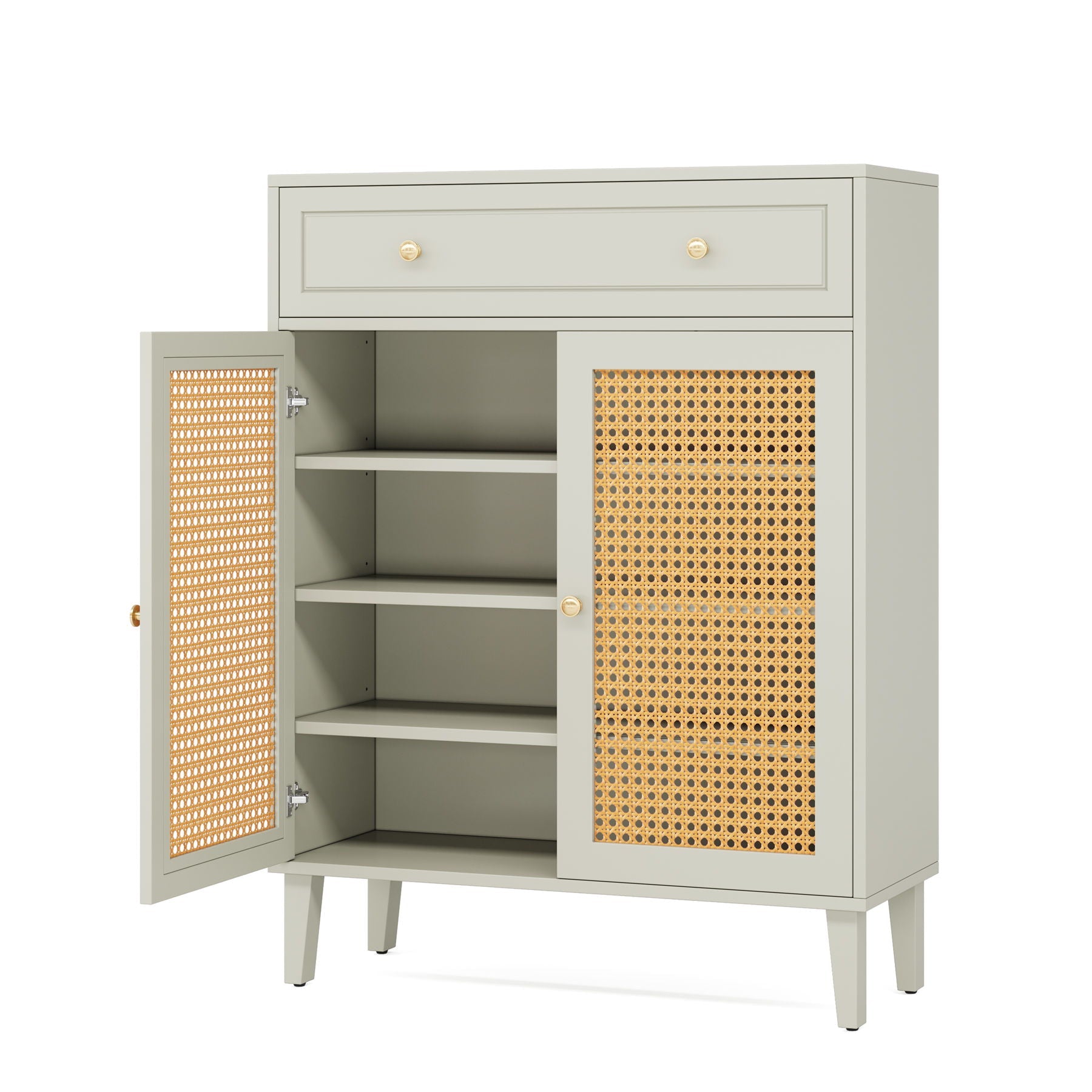 Shoe Cabinet With Rattan Doors And Drawer, 4 Tier Storage Organizer - Mint Green by HouseOfZazla