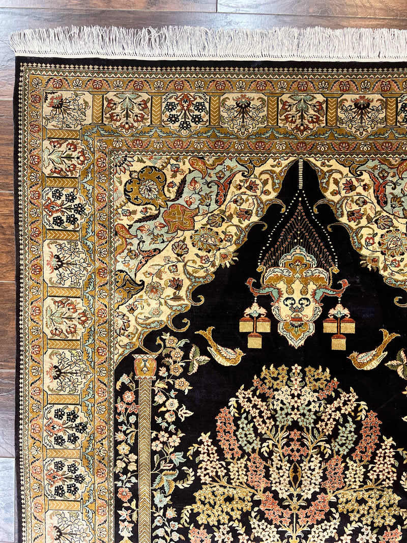 Wonderful Sino Persian Silk Rug 4x6, Tree of LIfe Design, Masterpiece 575 KPSI, Birds, Prayer Rug, Black, Silk on Silk by Jewel Rugs