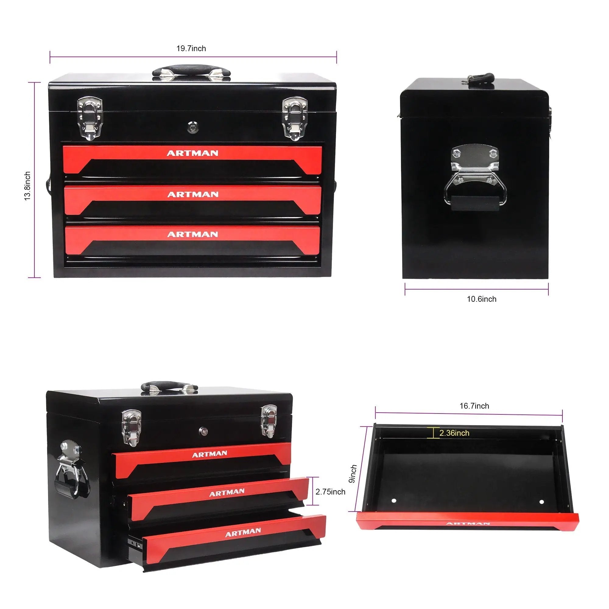 Portable 20" Steel Tool Box With 3 Drawers And Metal Latch Closure by HouseOfZazla