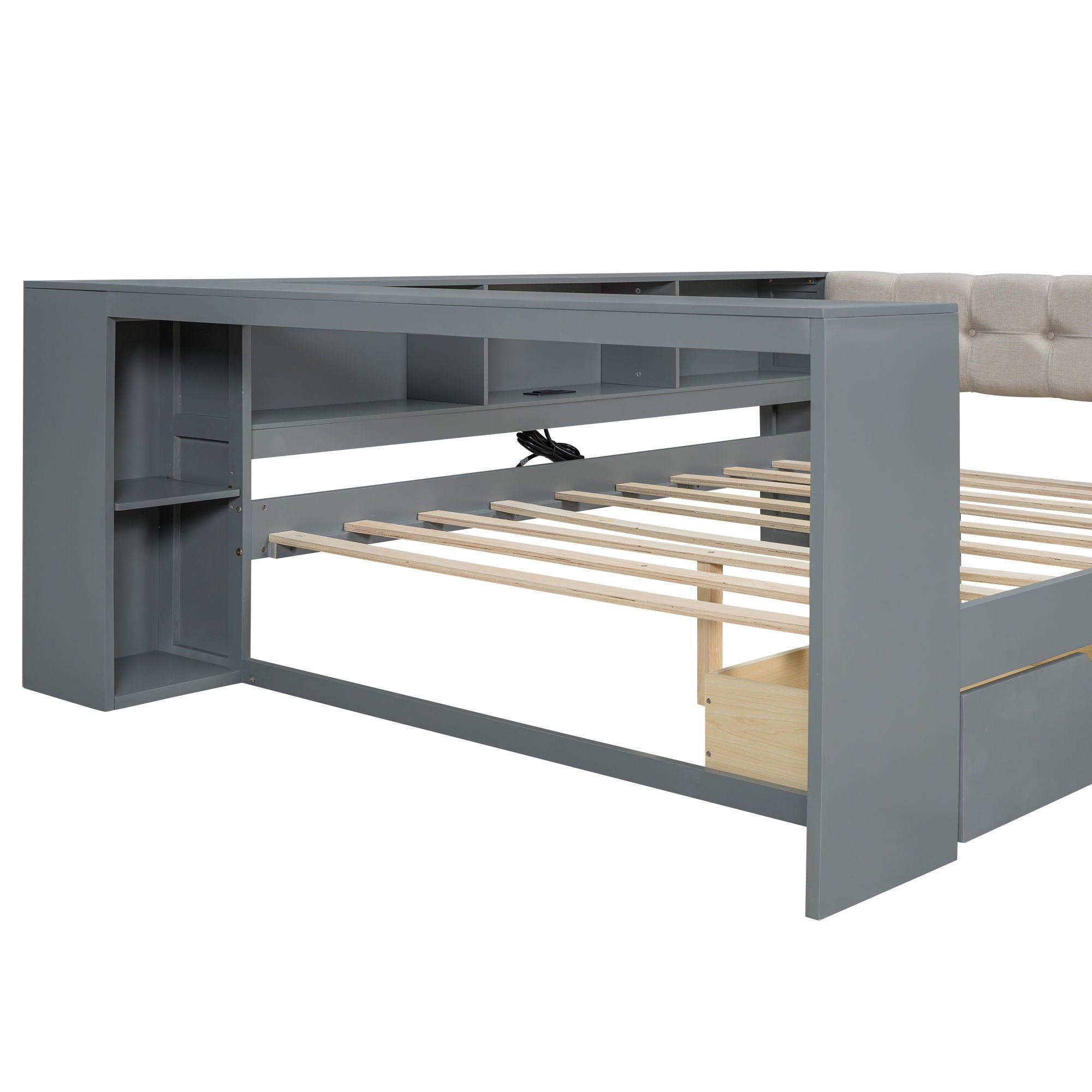 Upholstered Headboard Platform Bed With Storage Shelves, Drawers, Charging Station by HouseOfZazla