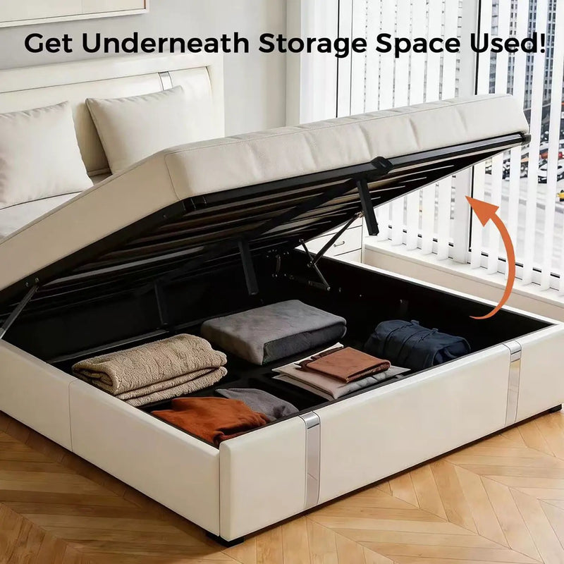 Upholstered Platform Bed Frame With Adjustable LED Headboard, USB C-Charging, Hydraulic Lift by HouseOfZazla