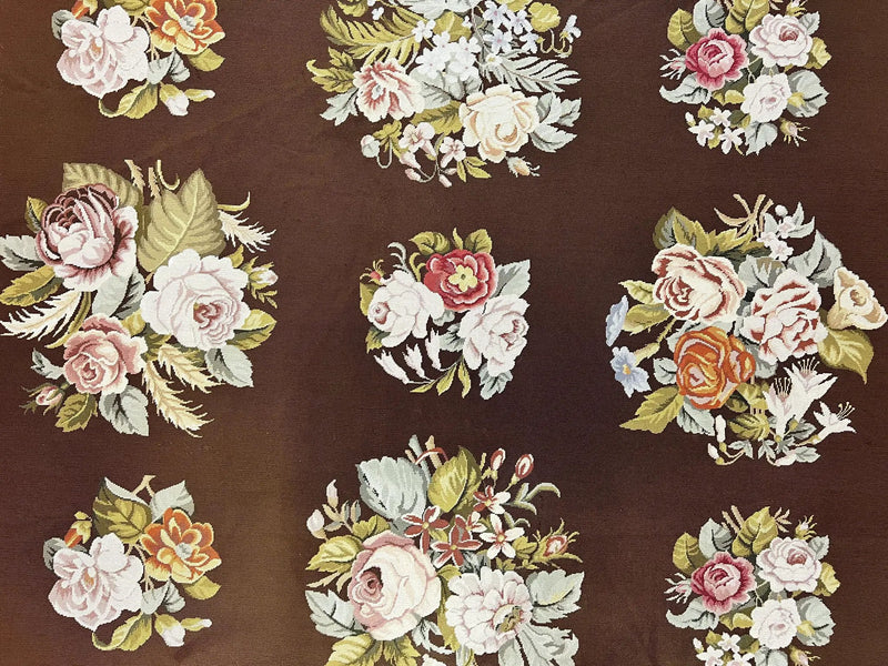 Vintage Needlepoint Rug 9x12, Large Handmade Hand-woven Needlepoint Carpet, Brown Area Rug, Floral Bouquets, Wool Rug, European Design by Jewel Rugs