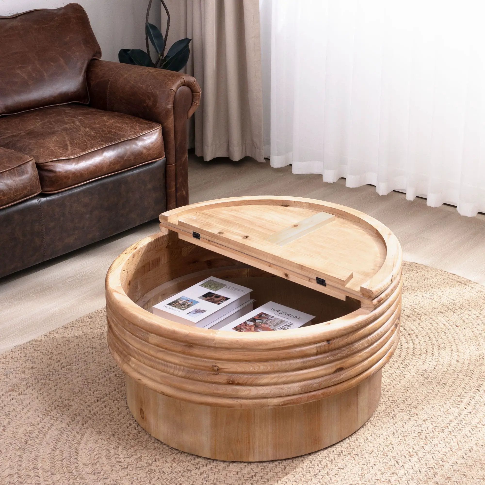 Round Wooden Coffee Table With Hidden Storage, Modern Rustic Centerpiece For Living Room - Multi / Natural / Rustic by Unique Piece Furniture