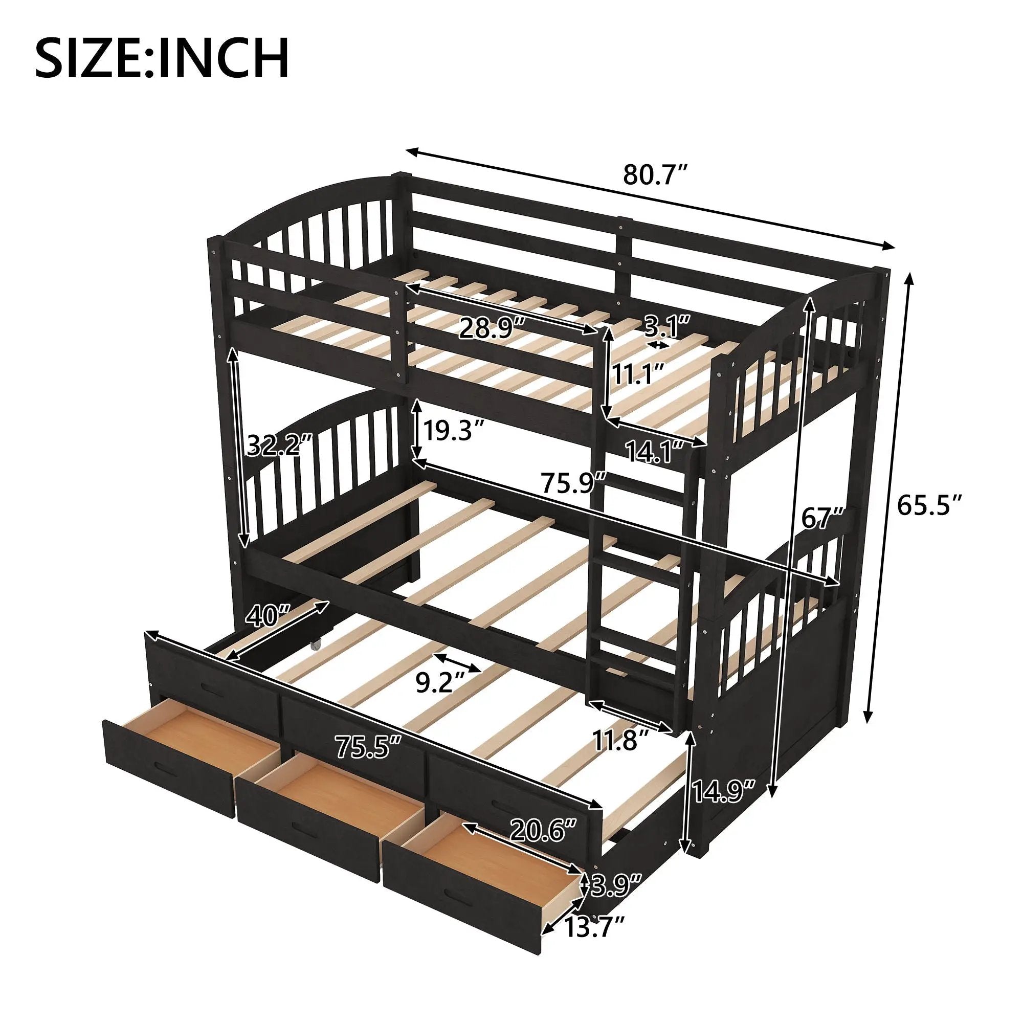Bunk Bed With Trundle And Drawers, Arched Headboard And Footboard by Unique Piece Furniture
