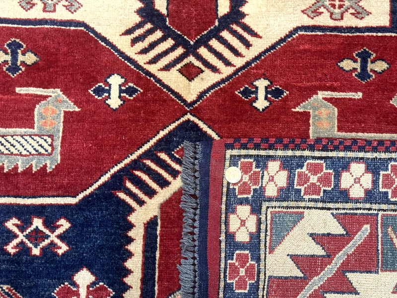 Turkish Kazak Rug 6x8, Caucasian Design, Geometric Medallions, Red Blue Beige by Jewel Rugs