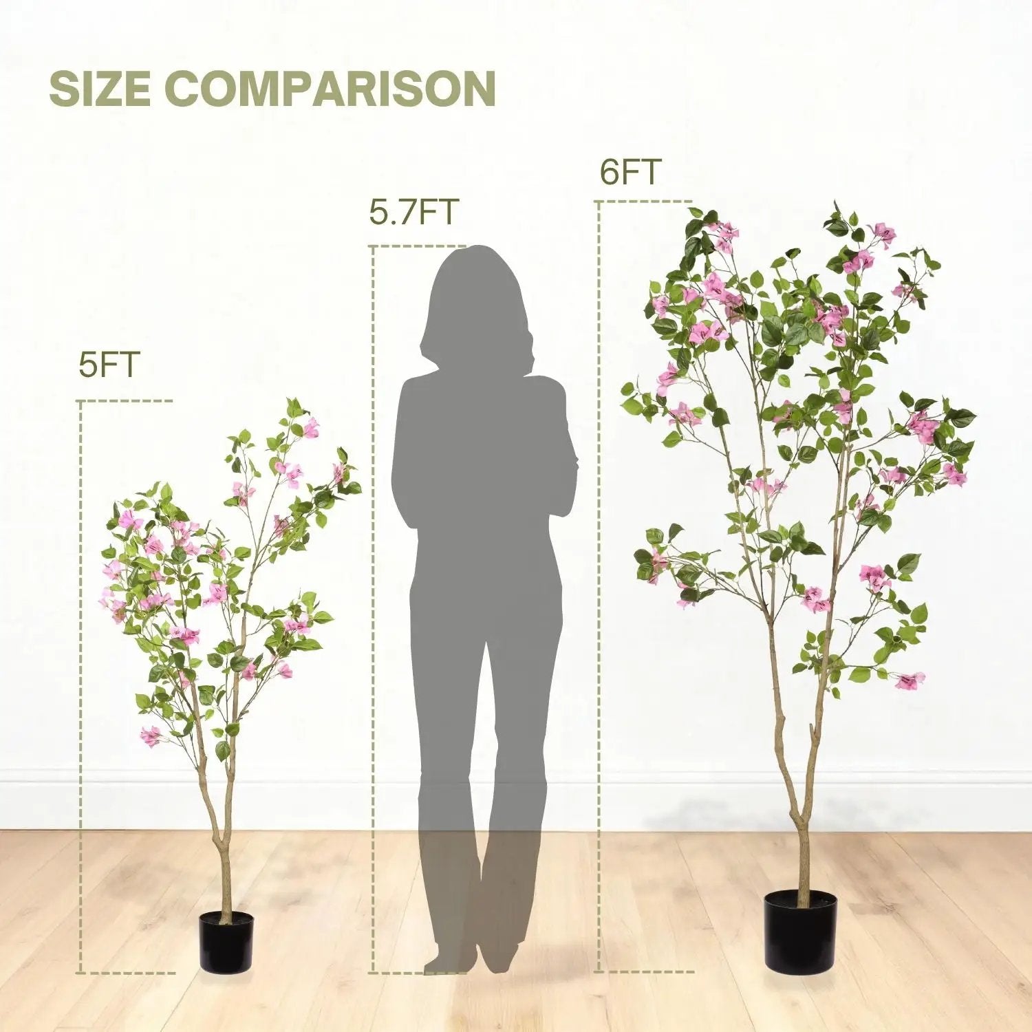 Artificial Bougainvillea Tree With Pot, Realistic Faux Flowering Plant Leaves And Blooms, Decor For Home Office - Green Leaves / Pink by Unique Piece Furniture