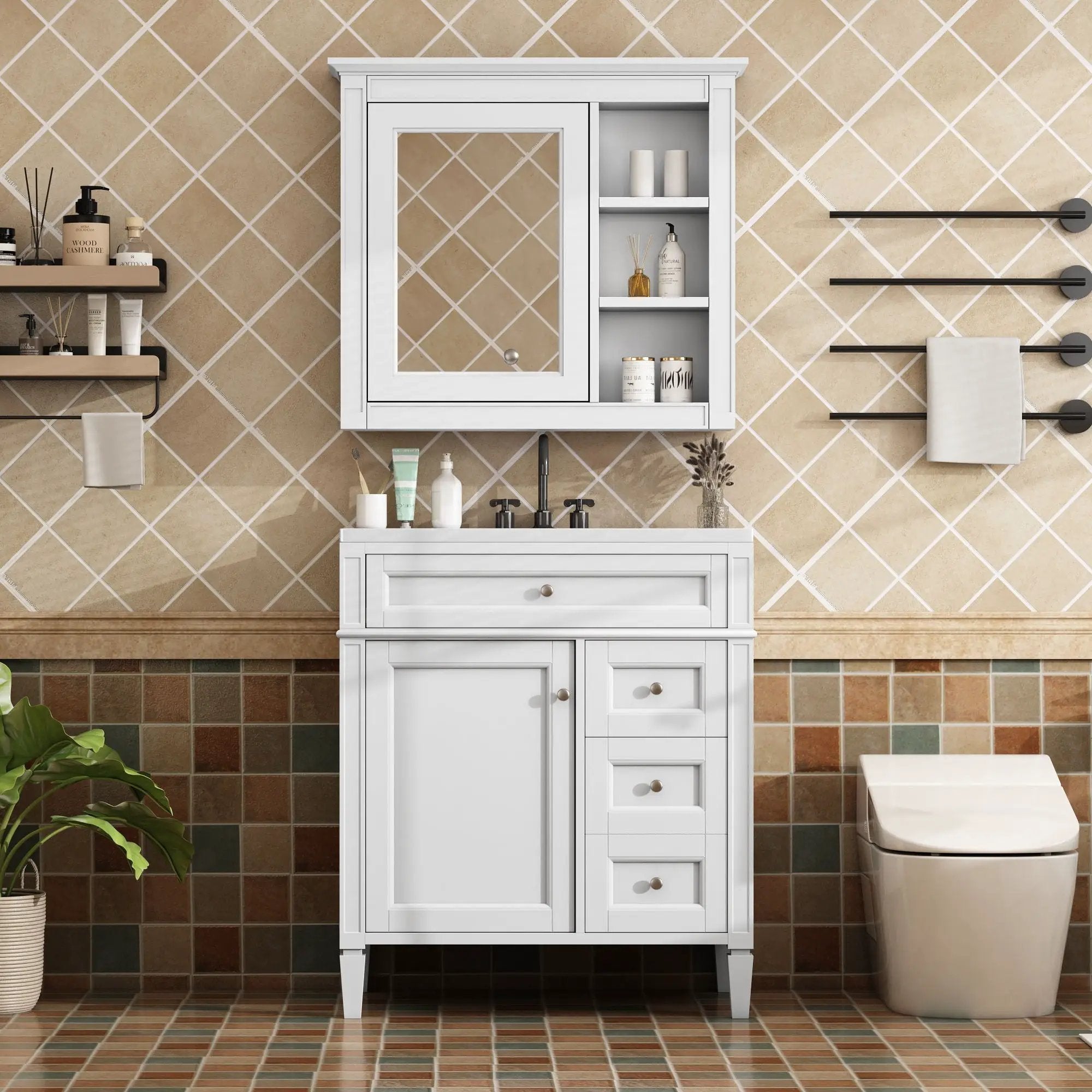Bathroom Vanity With Top Sink, 2 Doors And 3 Drawers, Freestanding Set With Mirror Cabinet by Unique Piece Furniture