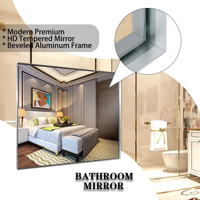 40X30" Silver Rectangular Wall-Mounted Beveled Bathroom Mirror, Square Angle Metal Frame Wall Mounted Bathroom Mirrors For Wall (Horizontal & Vertical) - Silver by HouseOfZazla