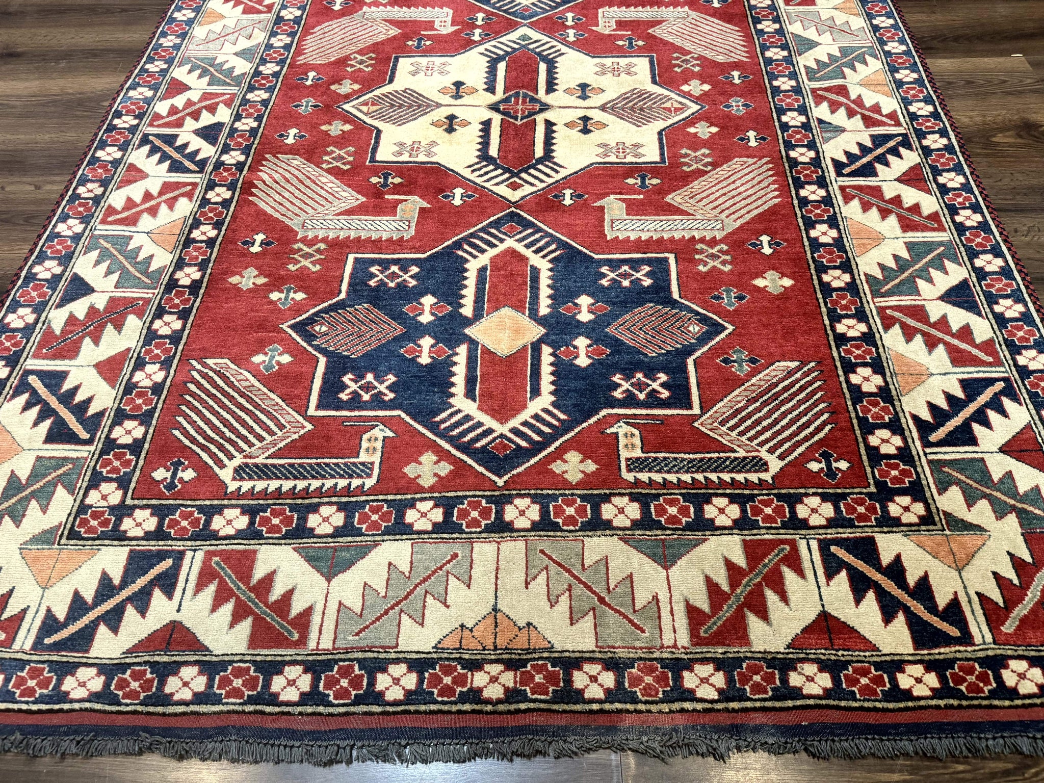 Turkish Kazak Rug 6x8, Caucasian Design, Geometric Medallions, Red Blue Beige by Jewel Rugs