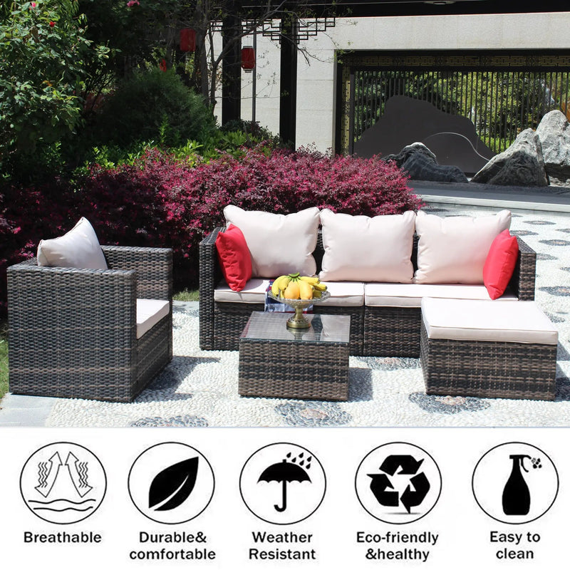 Rattan Patio Furniture Set Wicker Sofa Cushioned Sectional (4 Pieces, Brown) by HouseOfZazla