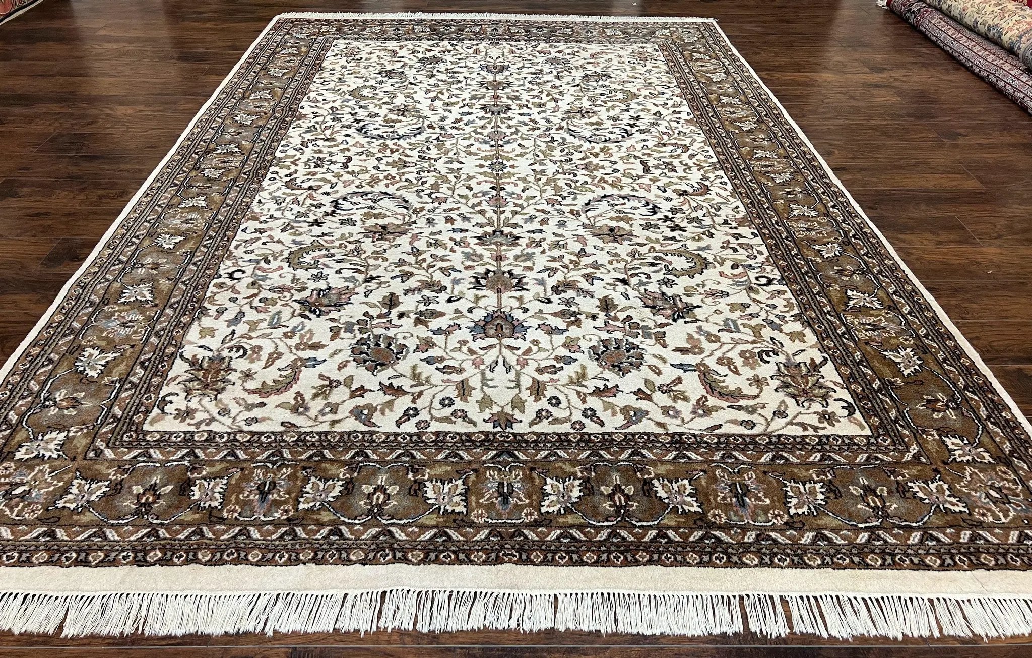Indo Kirman Rug 8x12 Allover Floral Design, Ivory/Cream Brown, Vintage Handmade Hand Knotted Rug, Traditional Wool Persian Carpet 8 x 12 by Jewel Rugs