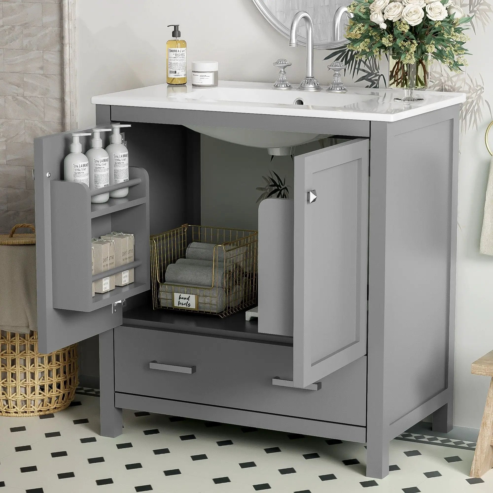 Bathroom Vanity With Single Sink, Combo Cabinet Undermount Sink, Bathroom Storage Cabinet With Two Doors And A Drawer, Soft Closing, Multifunctional Storage, Solid Wood Frame by HouseOfZazla
