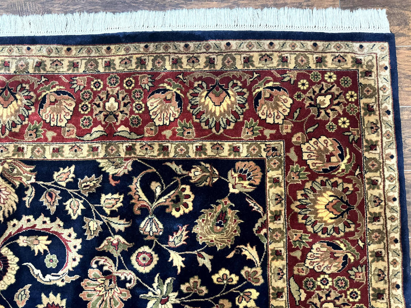 Indo Persian Rug 8x10, Navy Blue and Red, Floral Allover, Hand Knotted Vintage Wool Carpet, Indo Sarouk by Jewel Rugs