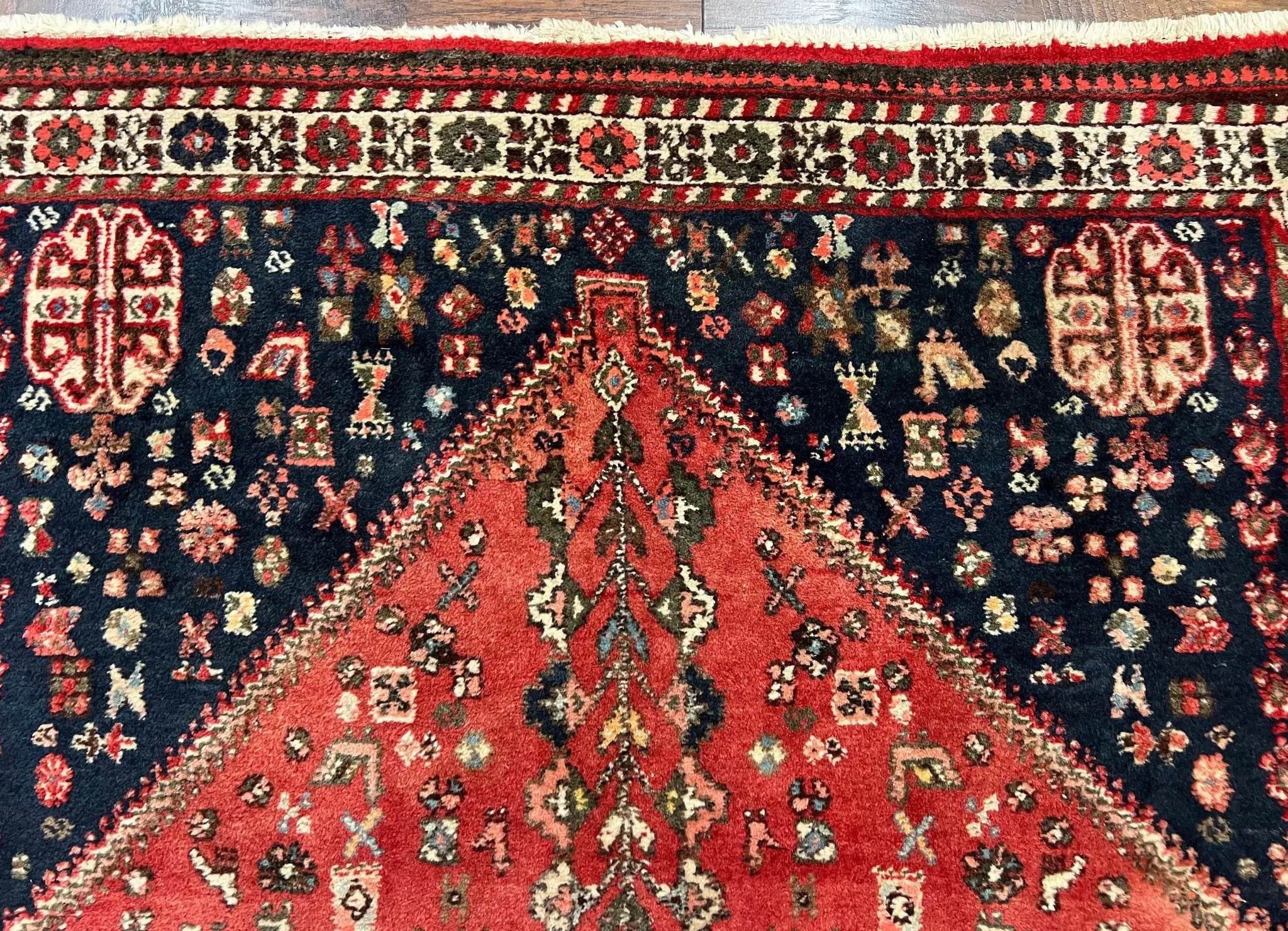 Persian Tribal Rug 3.6 x 5 ft, Persian Abadeh Rug, Geometric Medallion Bird Motifs, Red and Navy Blue Hand Knotted Handmade Wool Vintage Oriental Carpet by Jewel Rugs