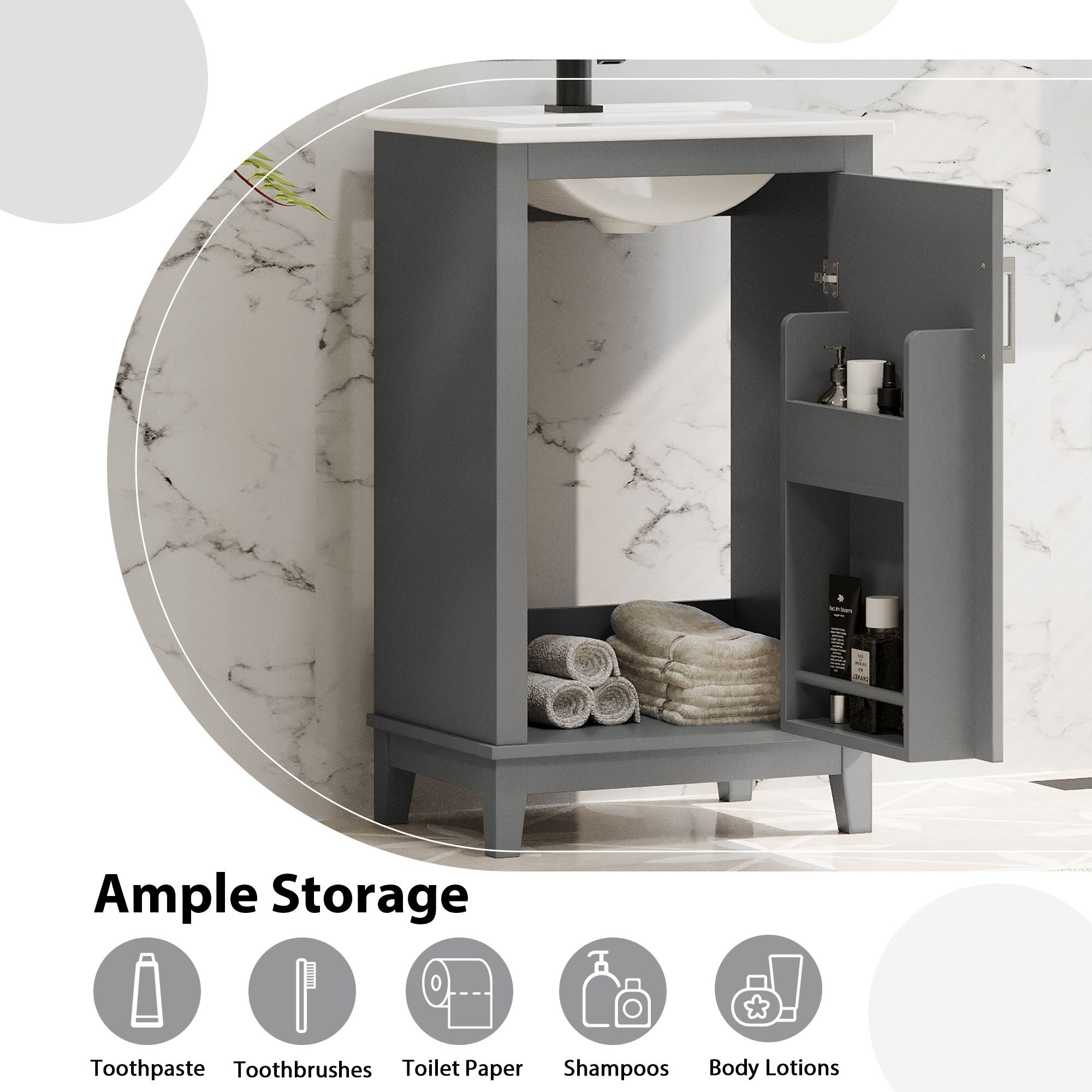 Modern Small Bathroom Vanity Cabinet With Ceramic Basin, Ample Storage, 1 Soft Close Door by HouseOfZazla