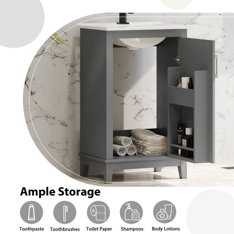 Modern Small Bathroom Vanity Cabinet With Ceramic Basin, Ample Storage, 1 Soft Close Door by HouseOfZazla