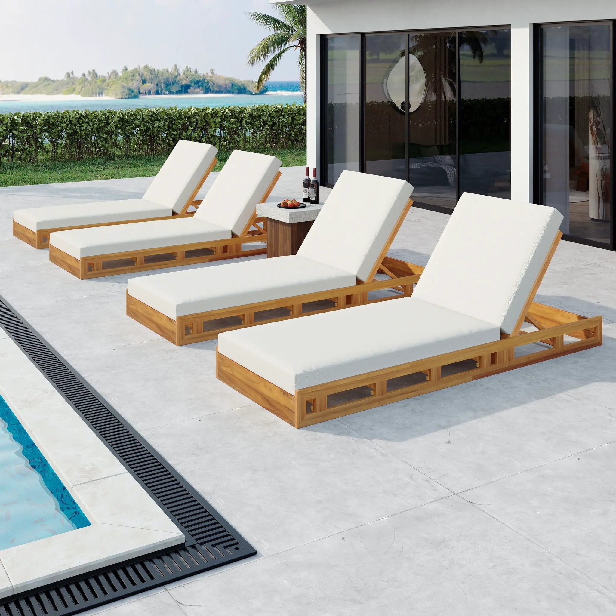 Premium Acacia Wood Lounge Chaise Set With Water Resistant Cushions, Adjustable Recline - Cream / Teak by HouseOfZazla