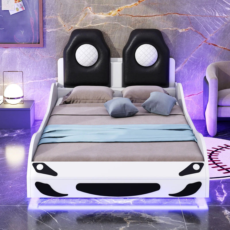 Race Car Shaped Platform Bed With LED And Upholstered Backrest In by Unique Piece Furniture