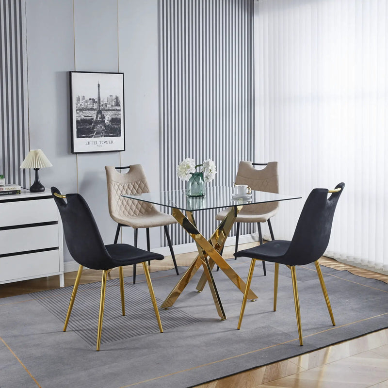 Dining Table With Cross Metal Leg And Tempered Glass, Modern Space Saving Kitchen Table For Living Room Legs, Square Table by Unique Piece Furniture