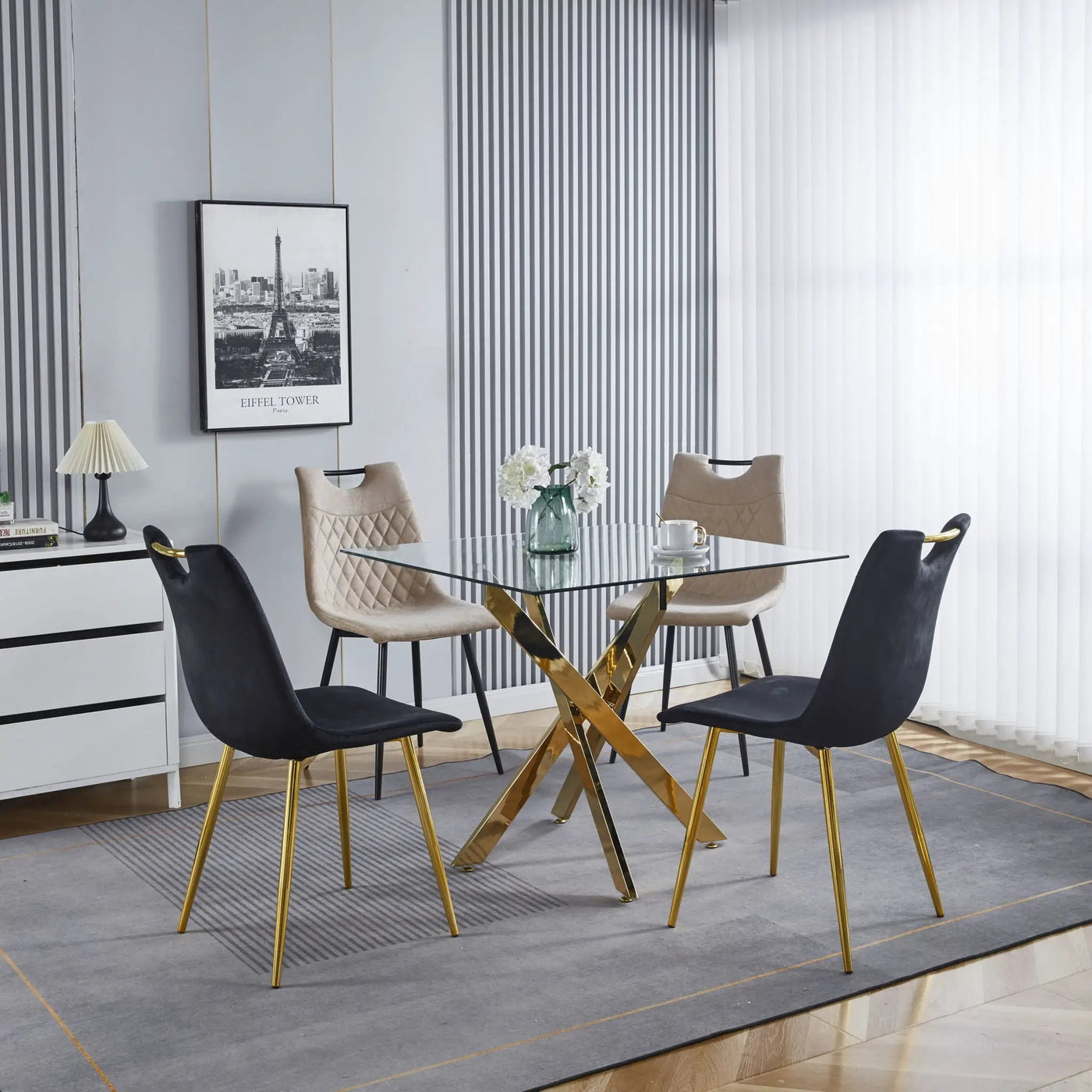 Dining Table With Cross Metal Leg And Tempered Glass, Modern Space Saving Kitchen Table For Living Room Legs, Square Table by Unique Piece Furniture