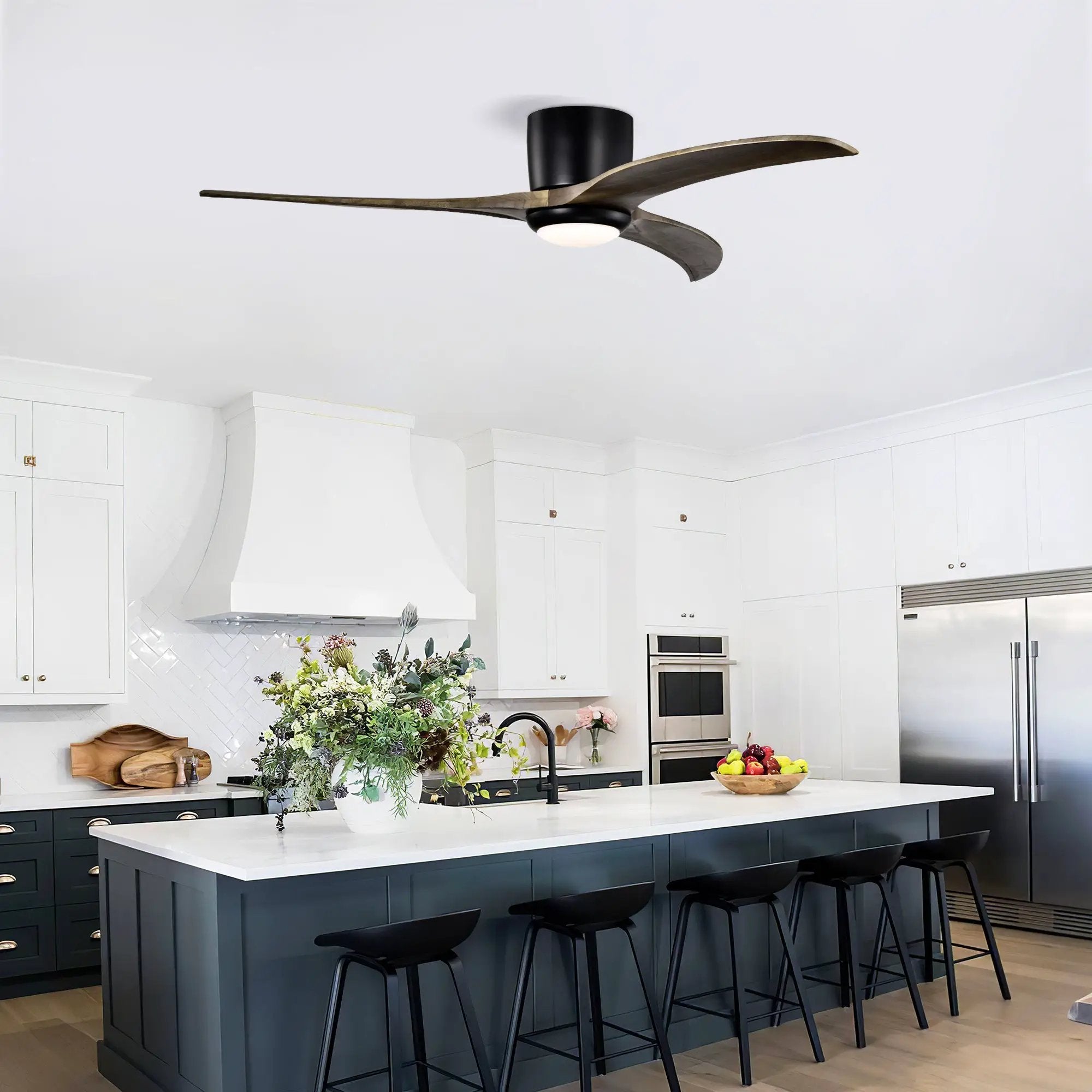 52" Flush Mount Solid Wood Blades Ceiling Fan with Lights and Remote Control by HouseOfZazla