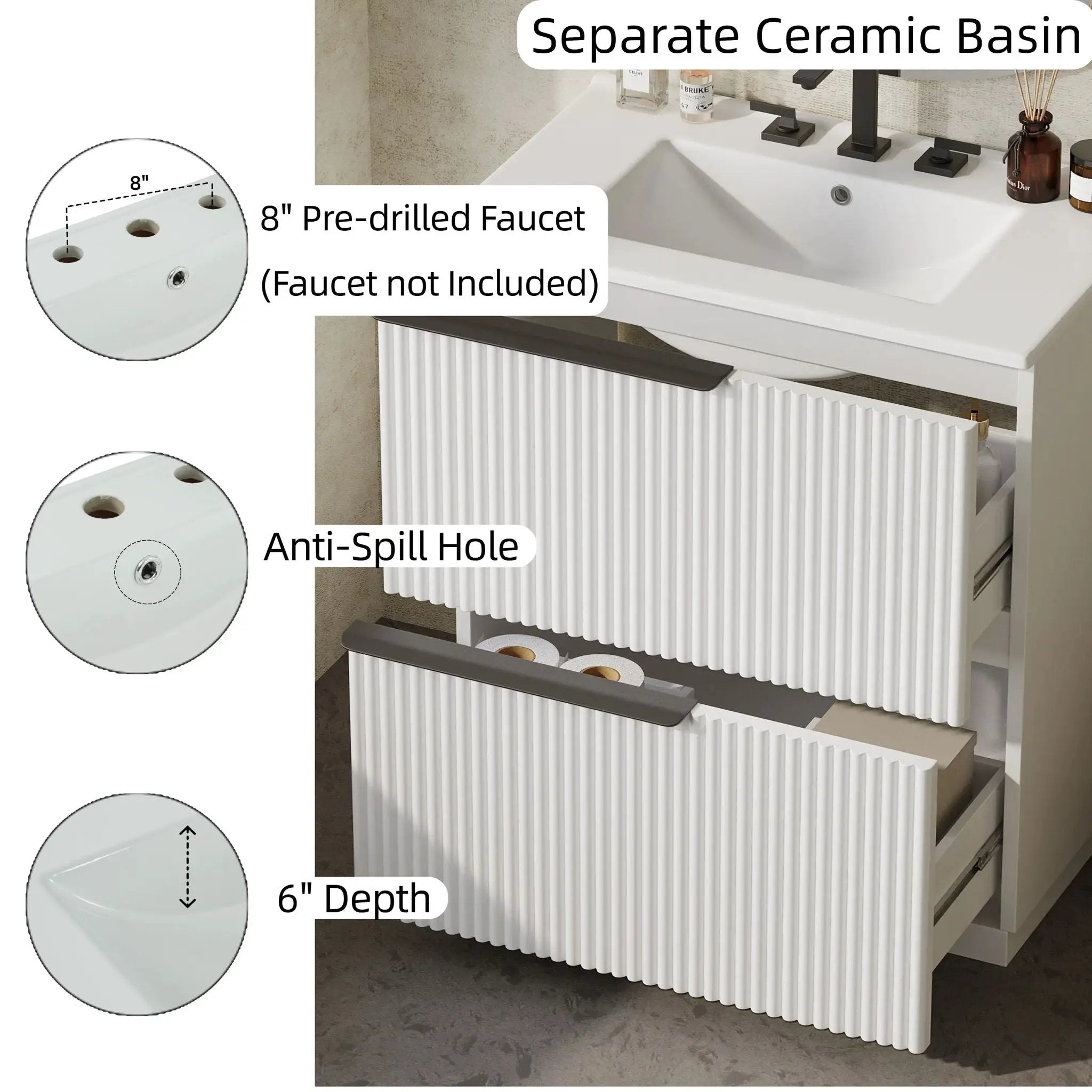 Fluted Bathroom Vanity With Ceramic Sink, Freestanding Cabinet by HouseOfZazla