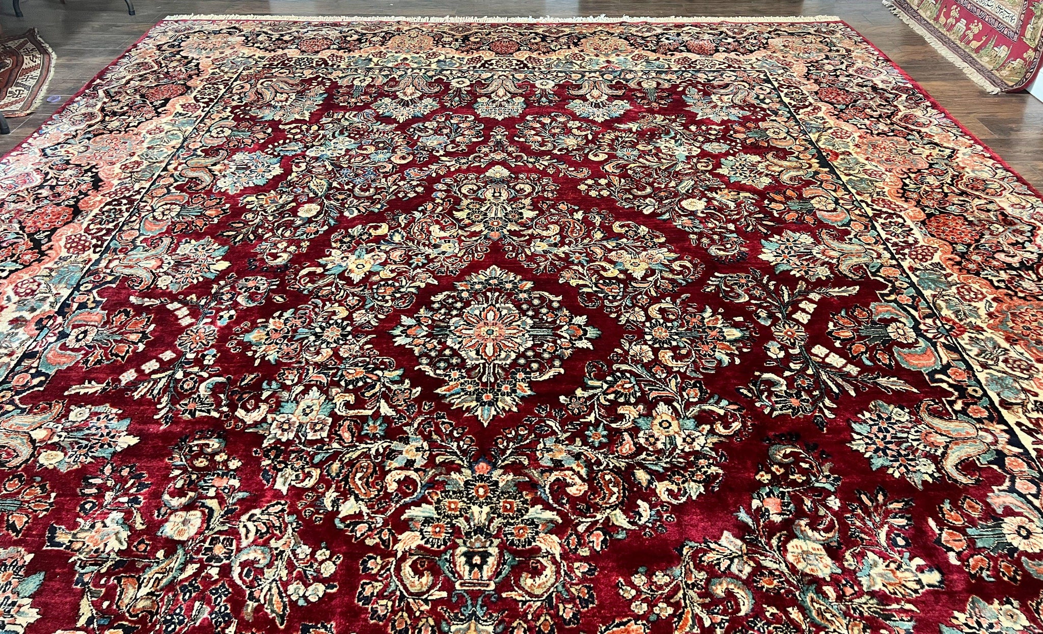 Persian Sarouk Rug 12x17, Wool Hand Knotted Antique Carpet, Dark Red, Traditional Floral Oriental Rug, 12 x 17 Extra Large Handmade Rug by Jewel Rugs