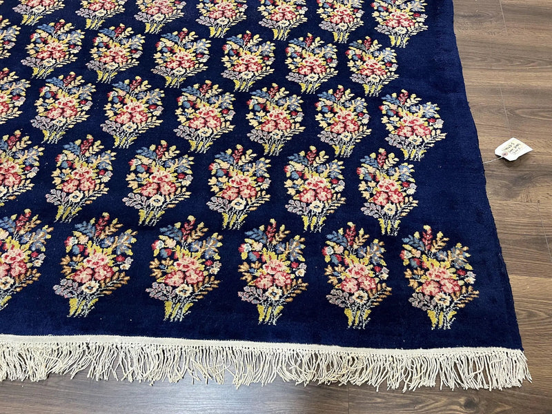 Persian Rug 9x12, Authentic Hand Knotted Carpet, Repeated Floral Motif Garden of Eden, Navy Blue Wool Rug 9 x 12, Semi Antique Kirman Rug by Jewel Rugs