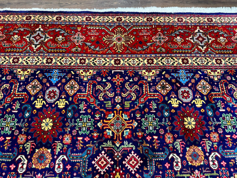 Large Persian Tabriz Rug 10x16, Navy Blue and Red, Allover Pattern, Vintage Hand Knotted Wool Carpet by Jewel Rugs