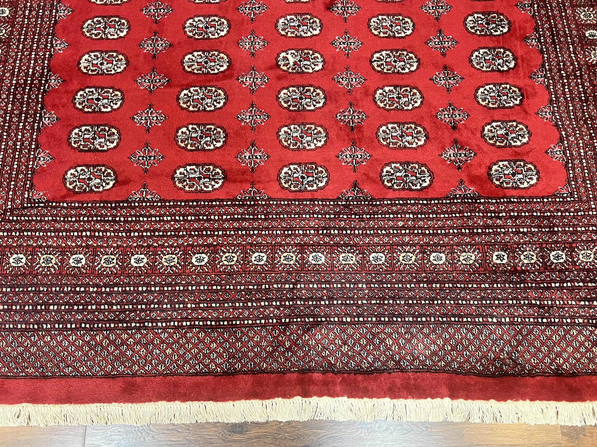 Turkoman Rug 8 x 11.6, Red Bokhara Pakistani Carpet, Wool Handmade Vintage Rug by Jewel Rugs