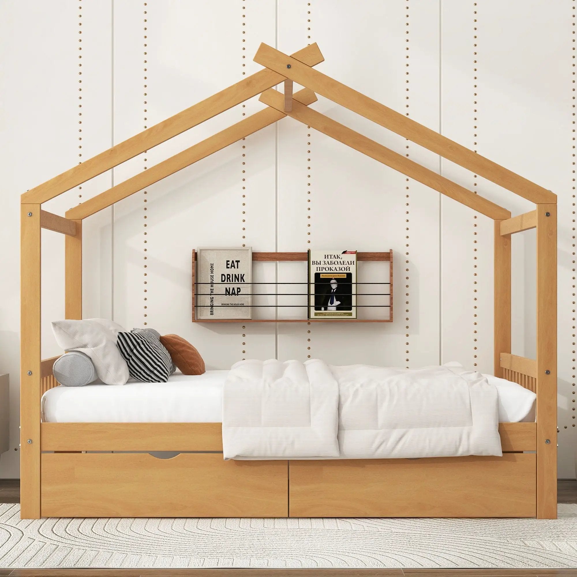 House Style Platform Bed With Headboard, Footboard, 2 Drawers, And Roof Design by Unique Piece Furniture
