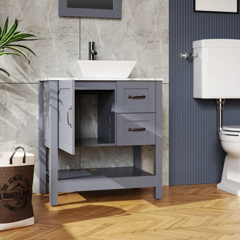 30" Gray Bathroom Vanity And Sink Combo Marble Pattern Top With Mirror Faucet & Drain - Gray by Unique Piece Furniture