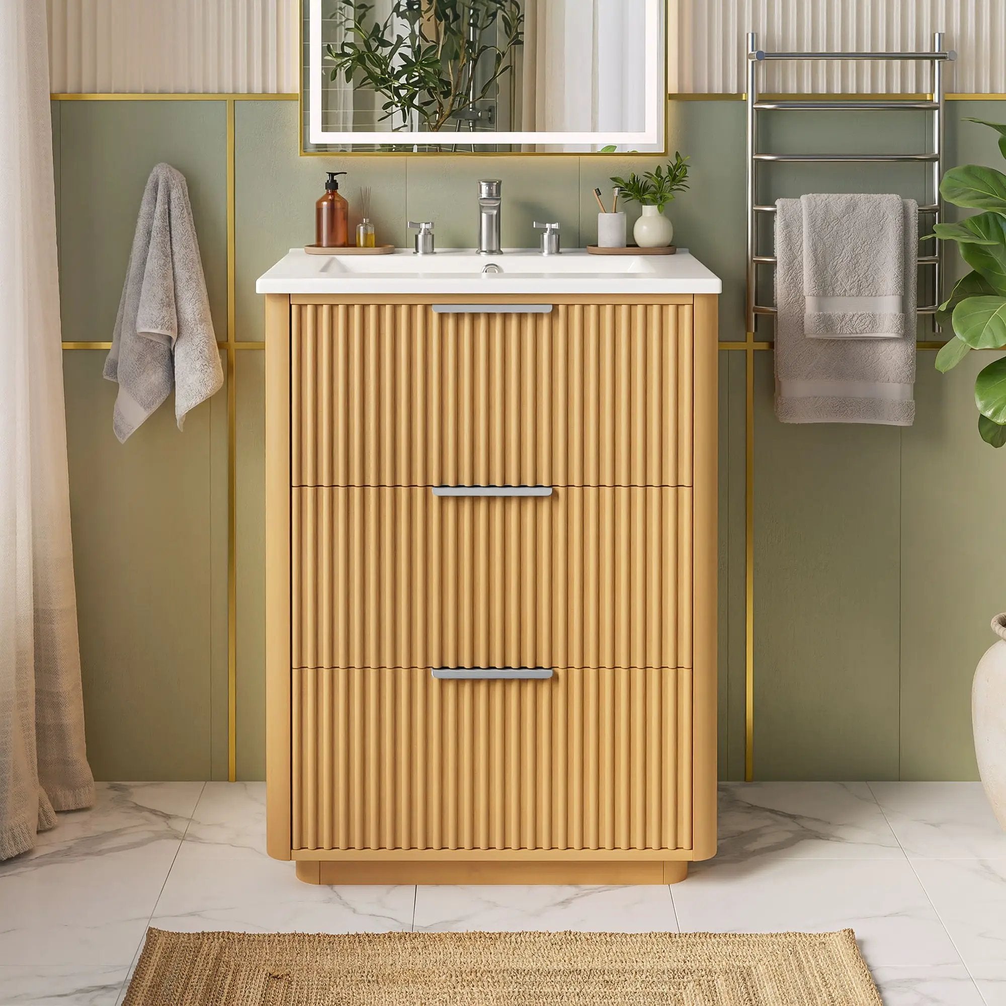 Bathroom Vanity With Sink, Open Shelf & Closed Storage - Natural Wood by Unique Piece Furniture